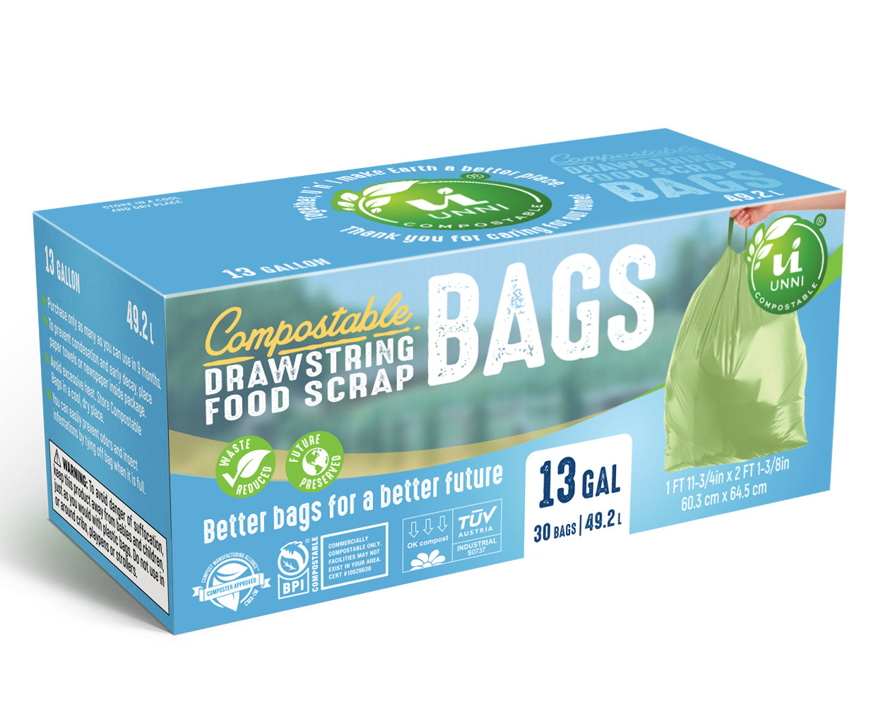 13 Gallon, 49.2 Liter, Compostable Tall Kitchen Drawstring Bags