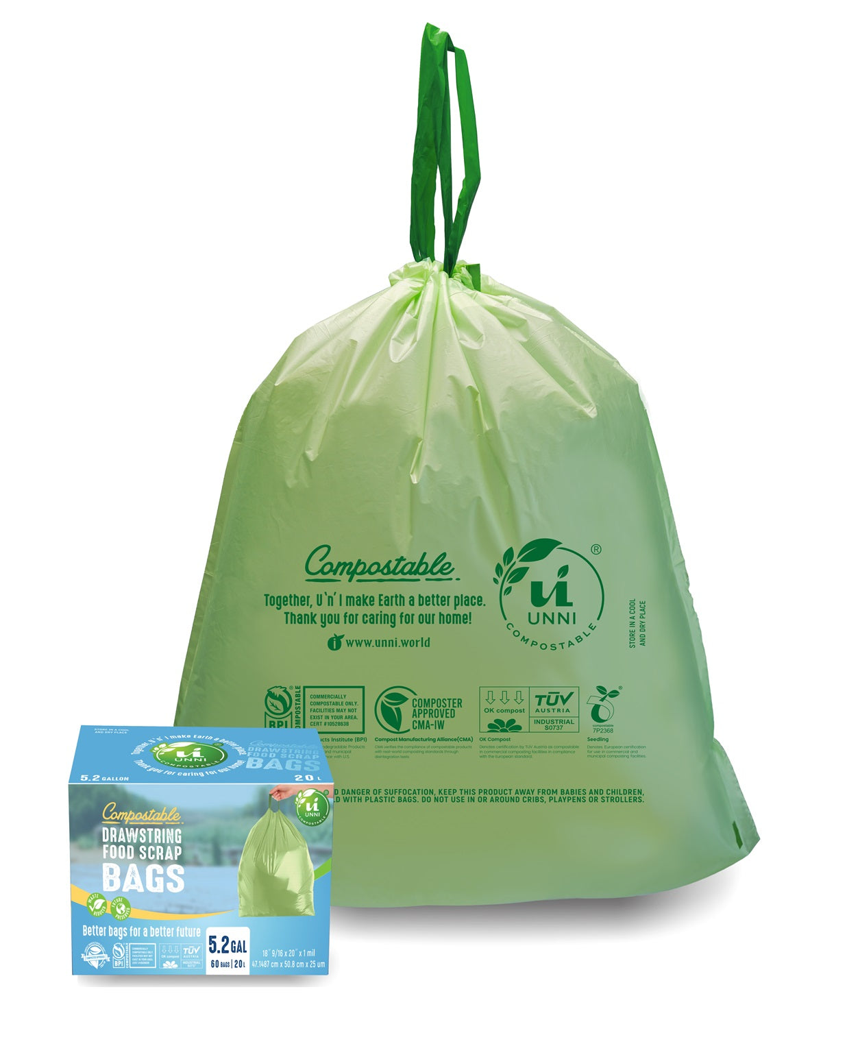 5.2 Gallon, 20 Liter, Compostable Drawstring Bags