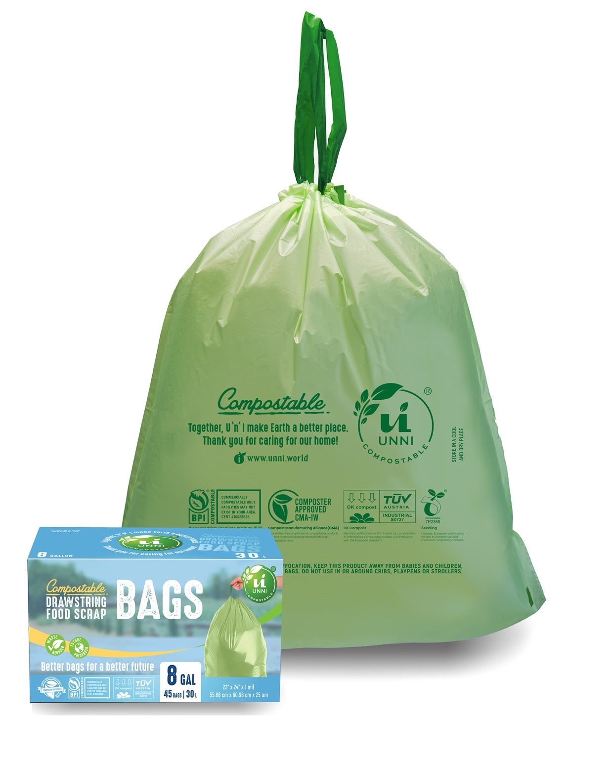 6-8 Gallon, 23-30 Liter, Compostable Drawstring Bags