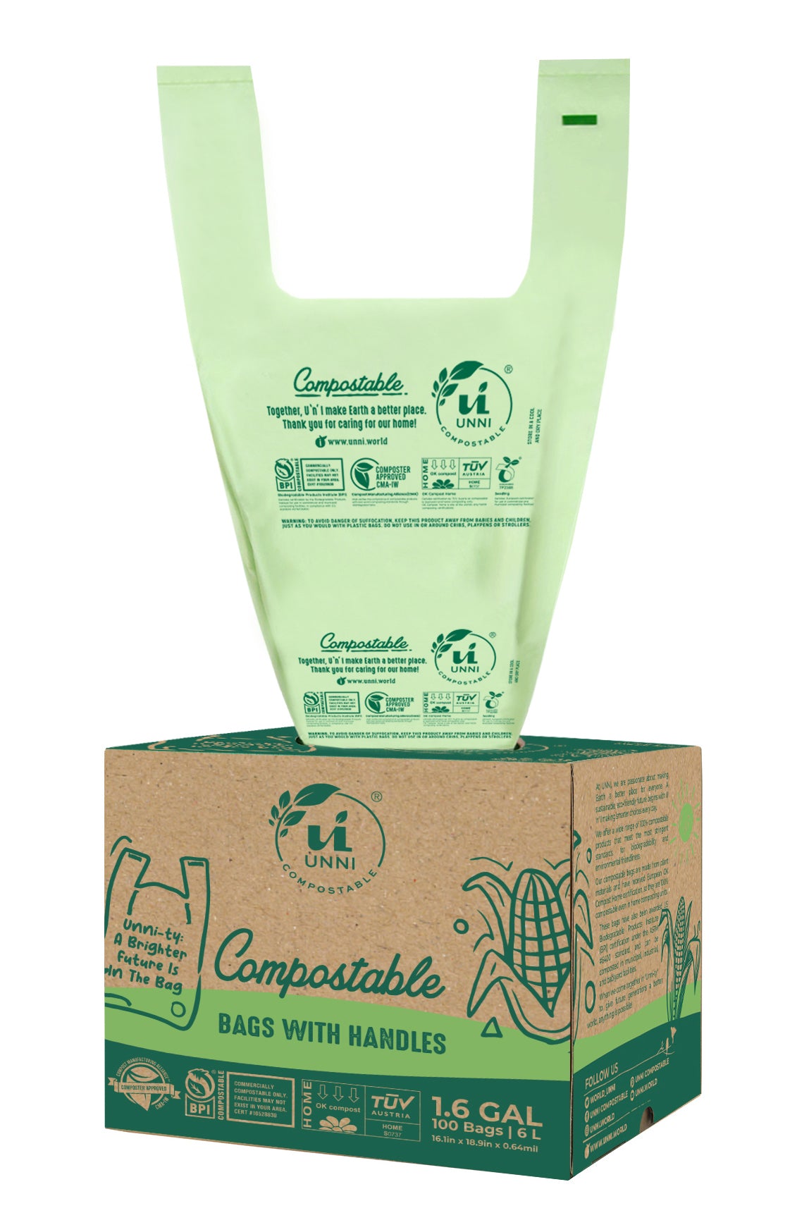1.6 Gallon, 6 Liter, Compostable Bags with Handles
