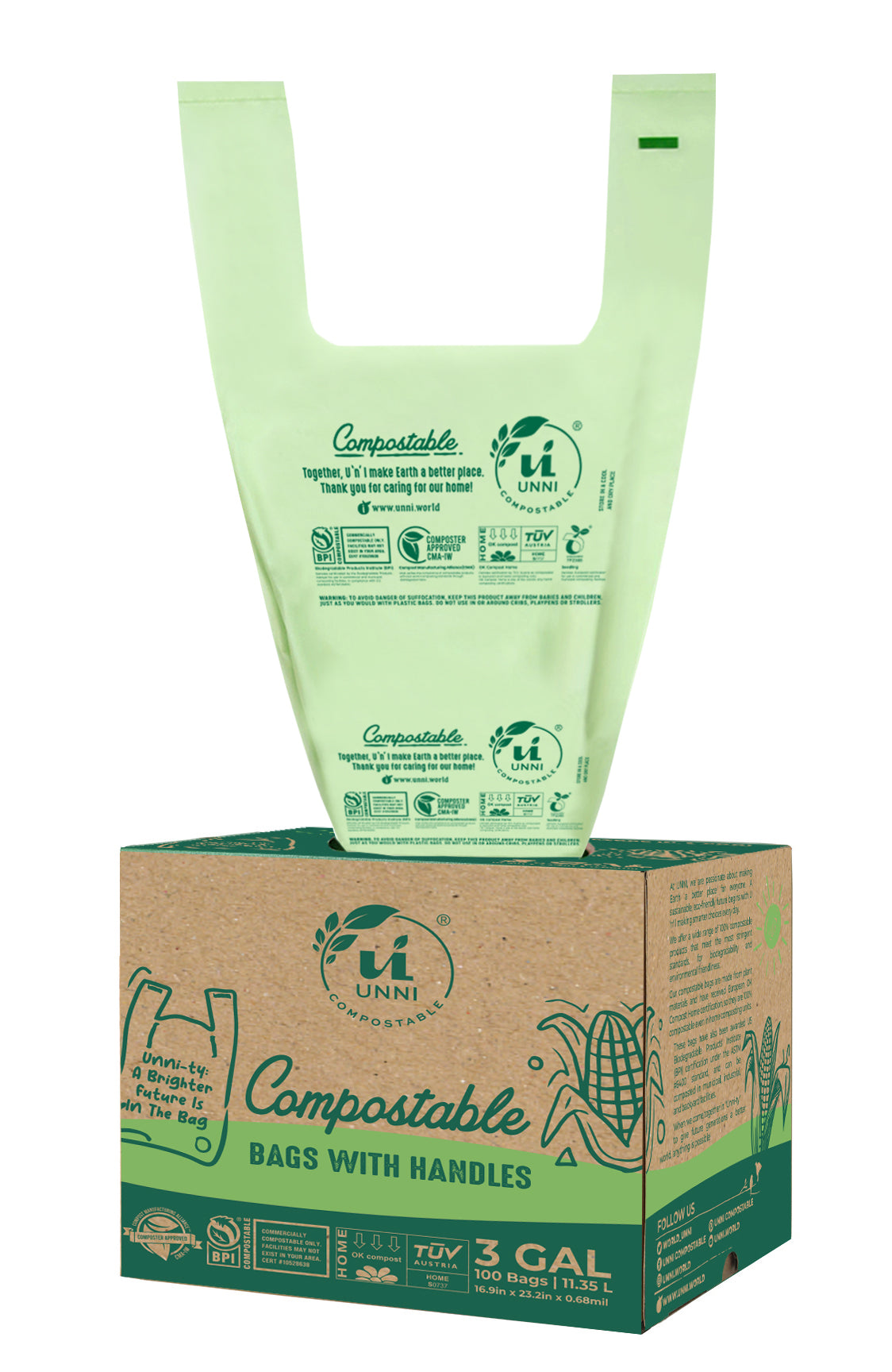 3 Gallon, 11.35 Liter, Compostable Bags with Handles