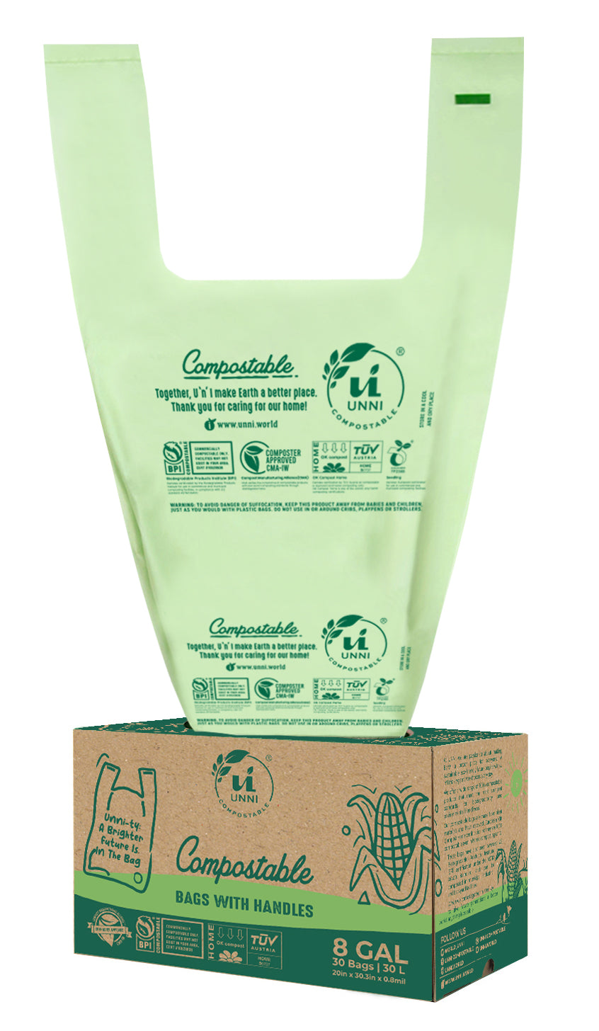 8 Gallon, 30 Liter, Compostable Bags with Handles