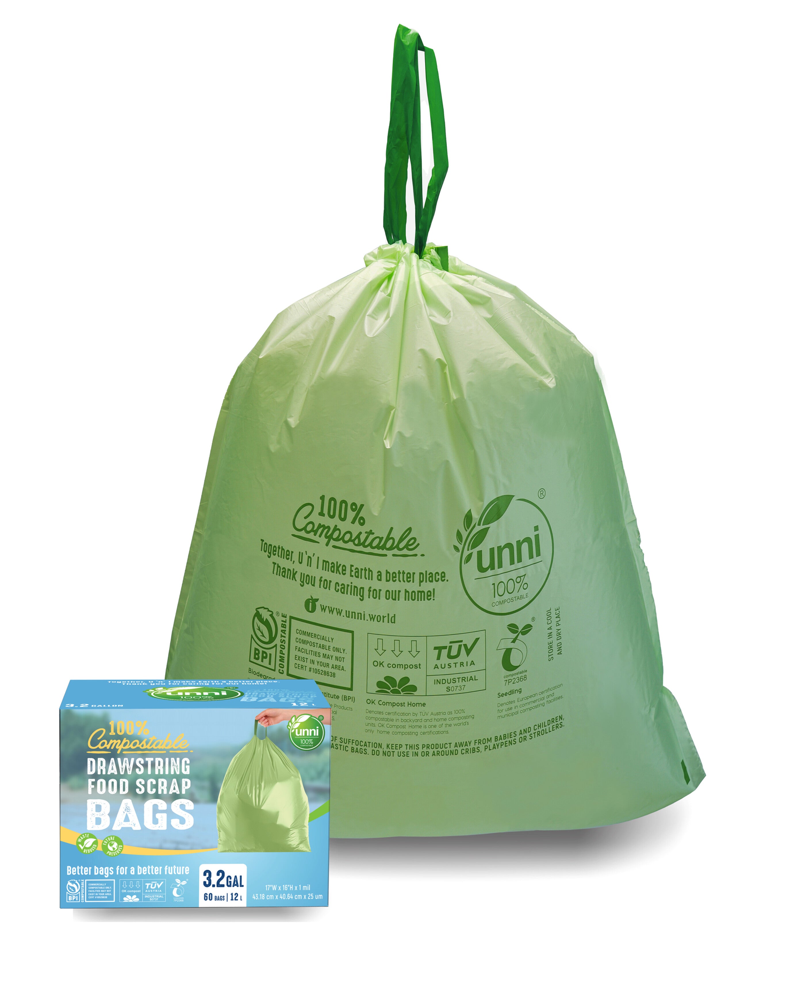 Compostable Drawstring Bags, 2.6-3.2 Gallon, 10-12 Liter