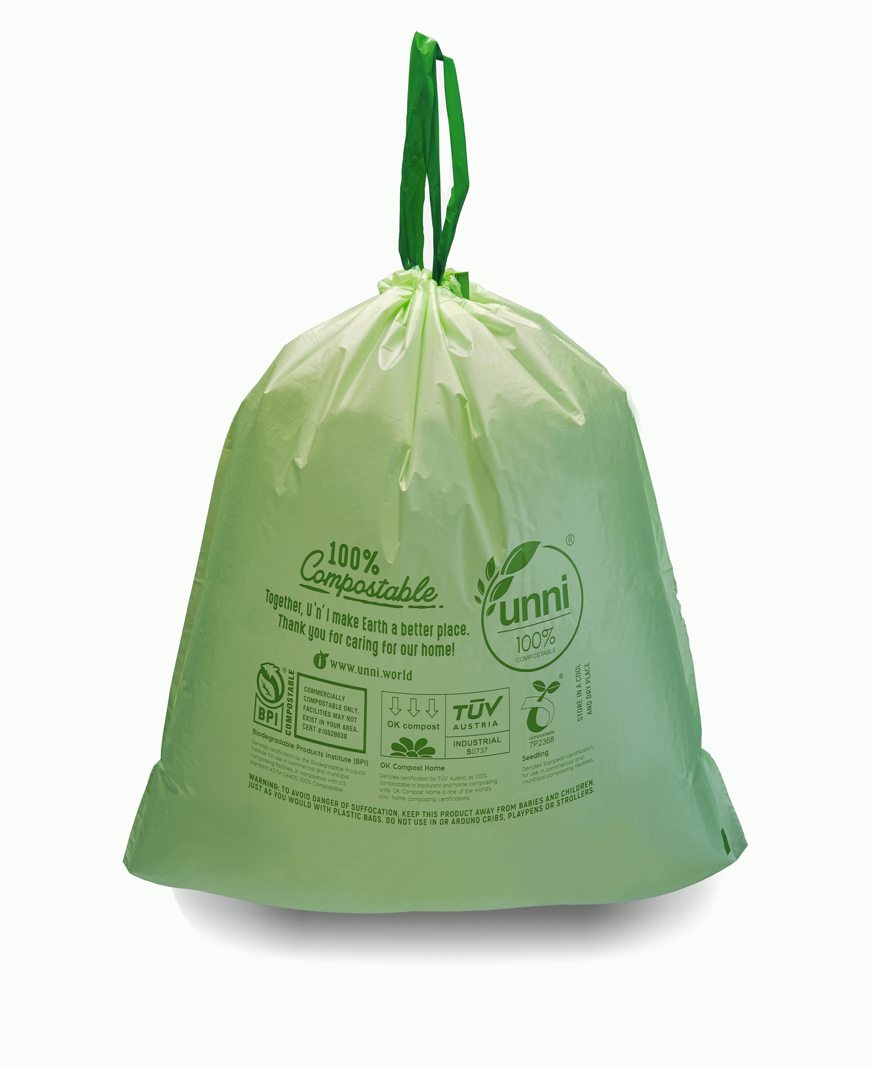 Compostable Tall Kitchen Drawstring Bags, 13 Gallon, 49.2 Liter