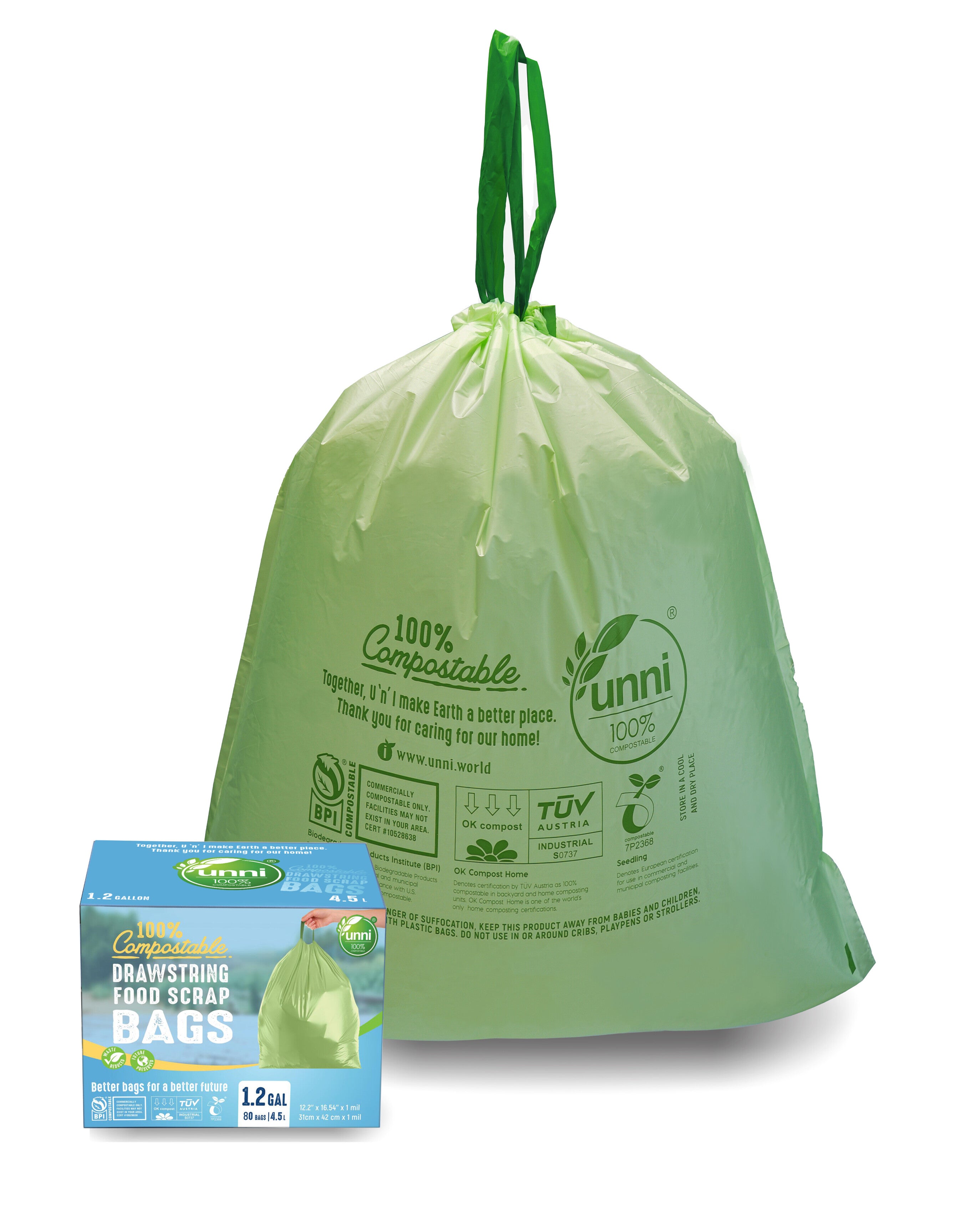 Compostable Drawstring Bags, 1.2 Gallon, 4.5 Liter