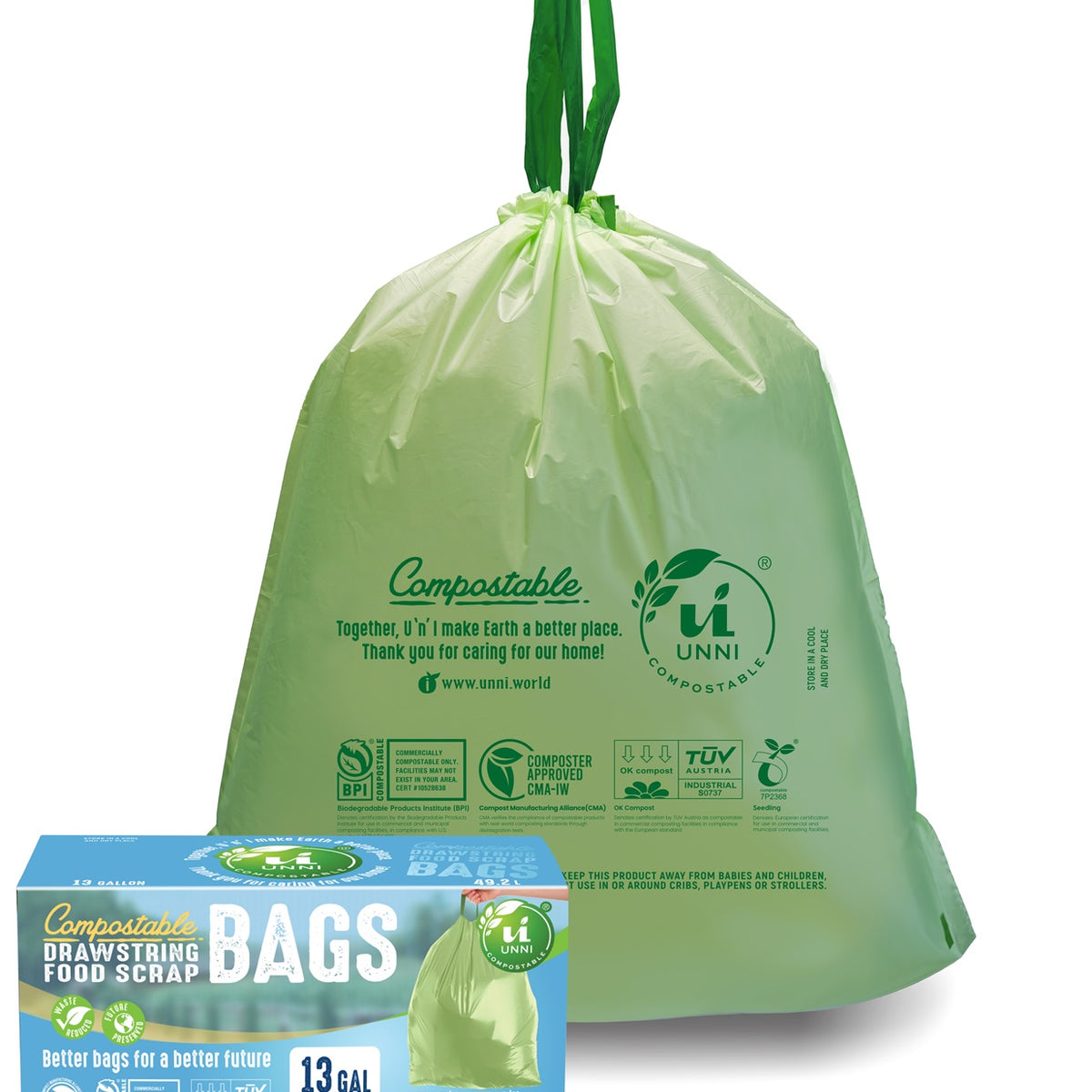 13 Gallon, Liter, Compostable Tall Kitchen Drawstring Bags