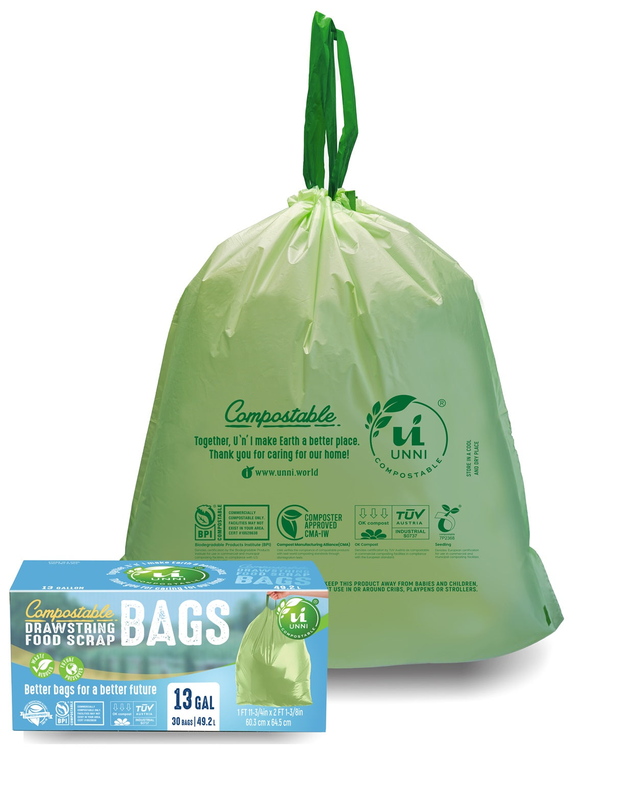 13 Gallon, 49.2 Liter, Compostable Tall Kitchen Drawstring Bags