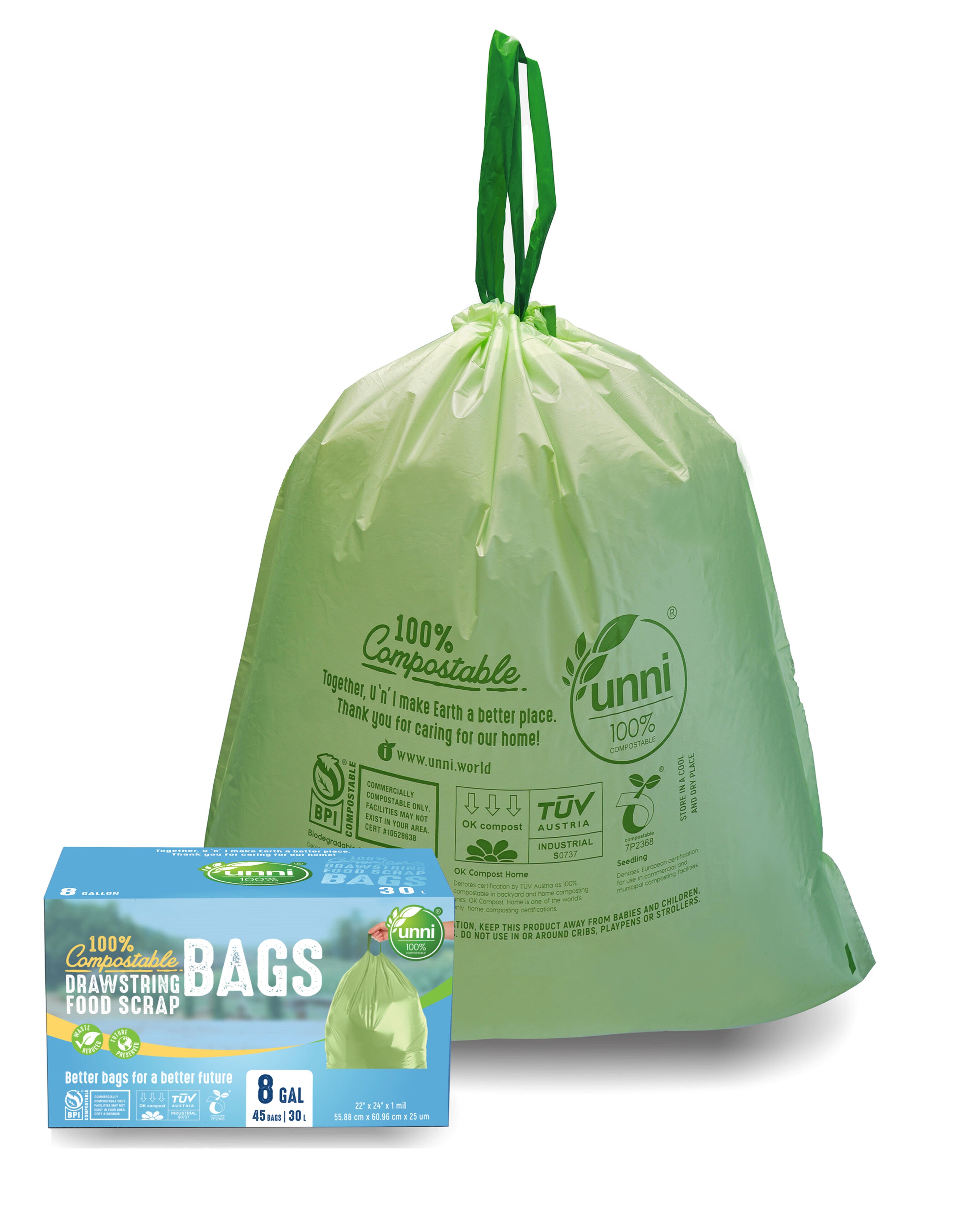 Compostable Drawstring Bags, 6-8 Gallon, 23-30 Liter