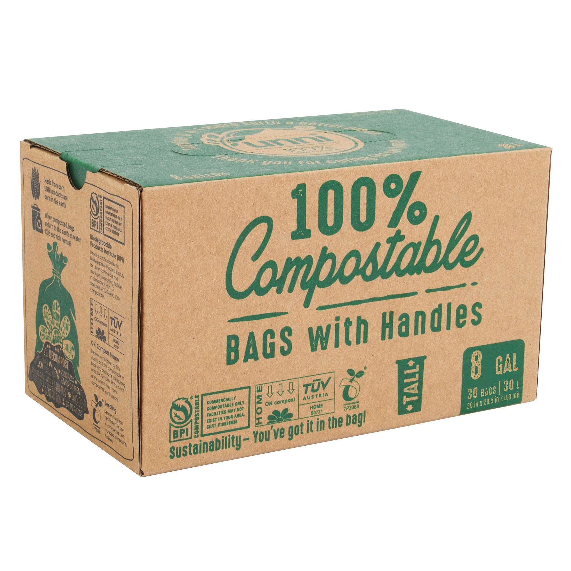 8 Gallon, 30 Liter, Compostable Bags with Handles
