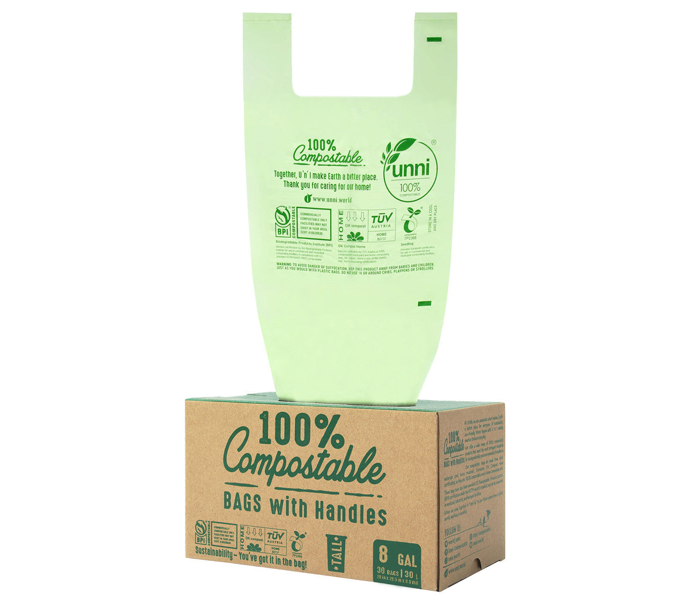 8 Gallon, 30 Liter, Compostable Bags with Handles