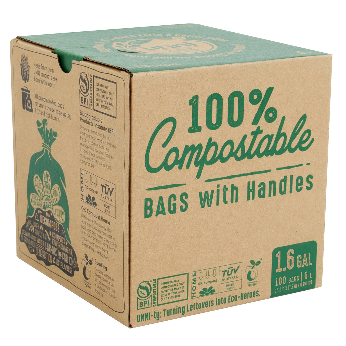 1.6 Gallon, 6 Liter, Compostable Bags with Handles