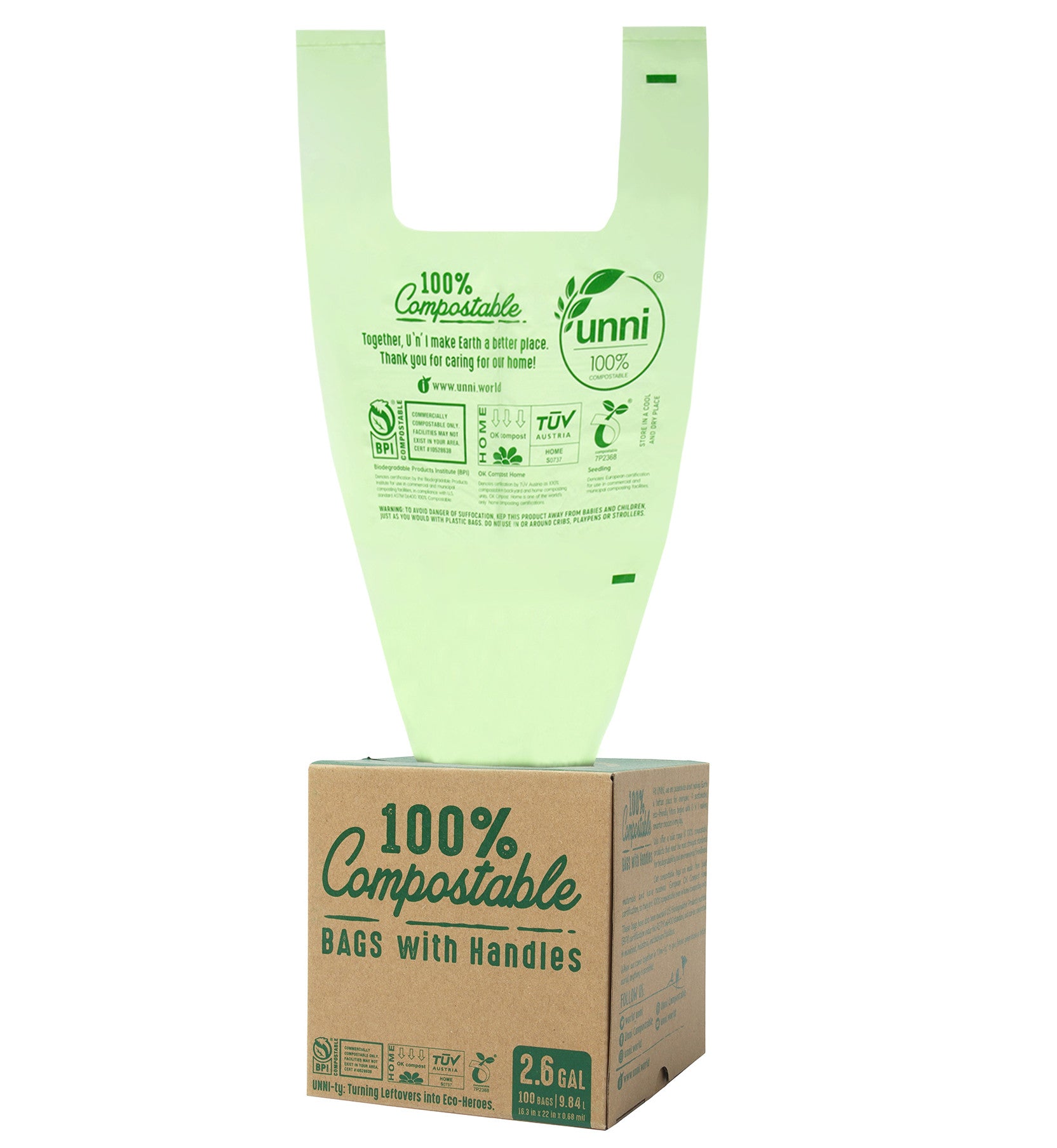 2.6 Gallon, 9.84 Liter, Compostable Bags with Handles
