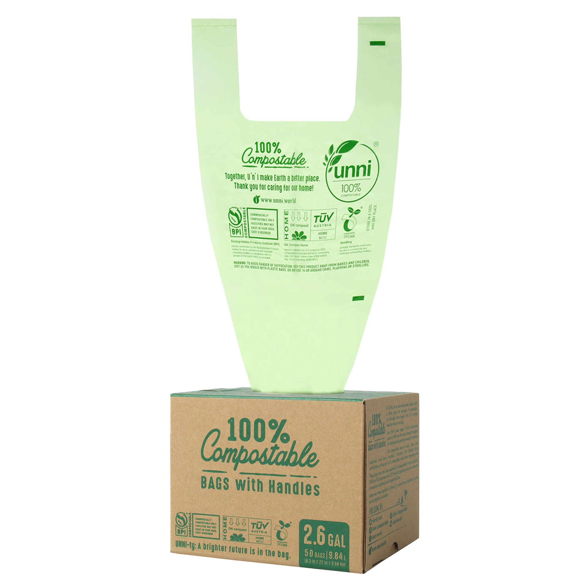 2.6 Gallon, 9.84 Liter, Compostable Bags with Handles